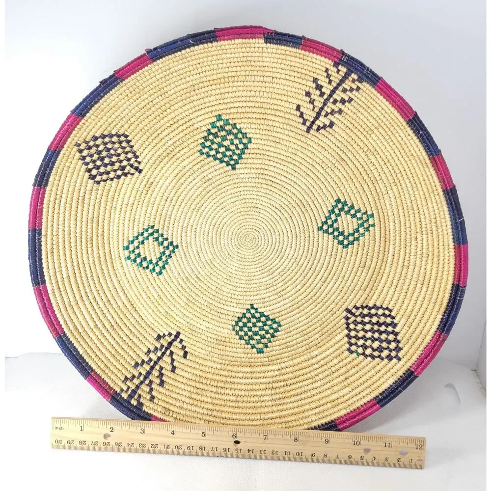Handwoven Round Wicker Storage Basket Tray Large Beige Blue Pink Green Geometric
